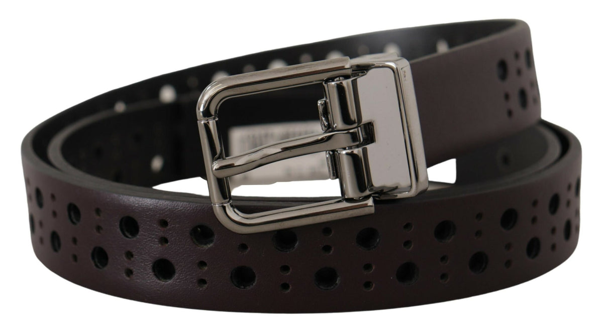 New Dolce & Gabbana Dark Purple Perforated Leather Metal Buckle Belt