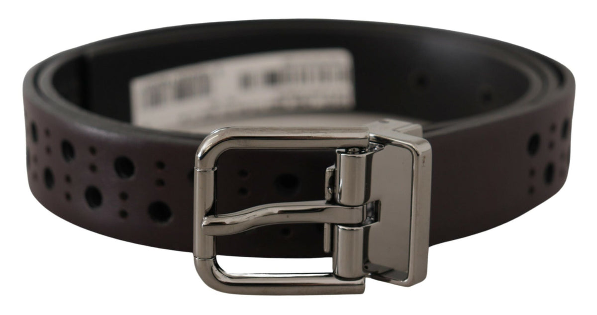 New Dolce & Gabbana Dark Purple Perforated Leather Metal Buckle Belt