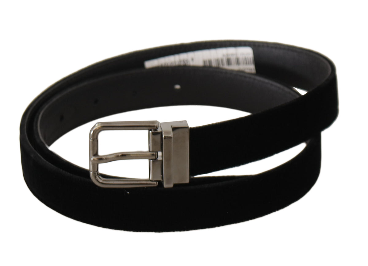 New Dolce & Gabbana Black Classic Velvet Logo Engraved Metal Buckle Belt