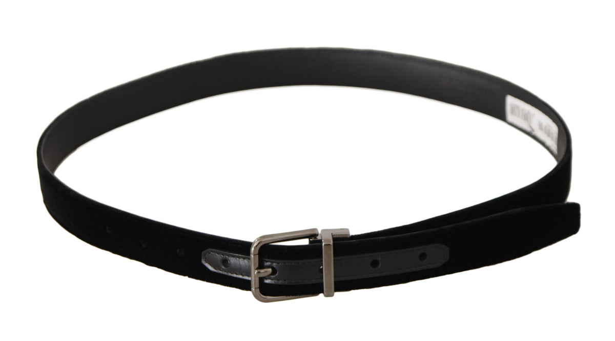 New Dolce & Gabbana Black Classic Velvet Logo Engraved Metal Buckle Belt