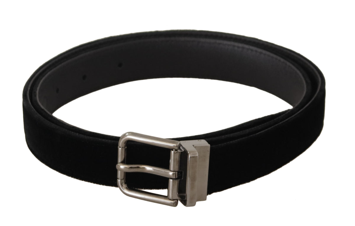 New Dolce & Gabbana Black Classic Velvet Logo Engraved Metal Buckle Belt