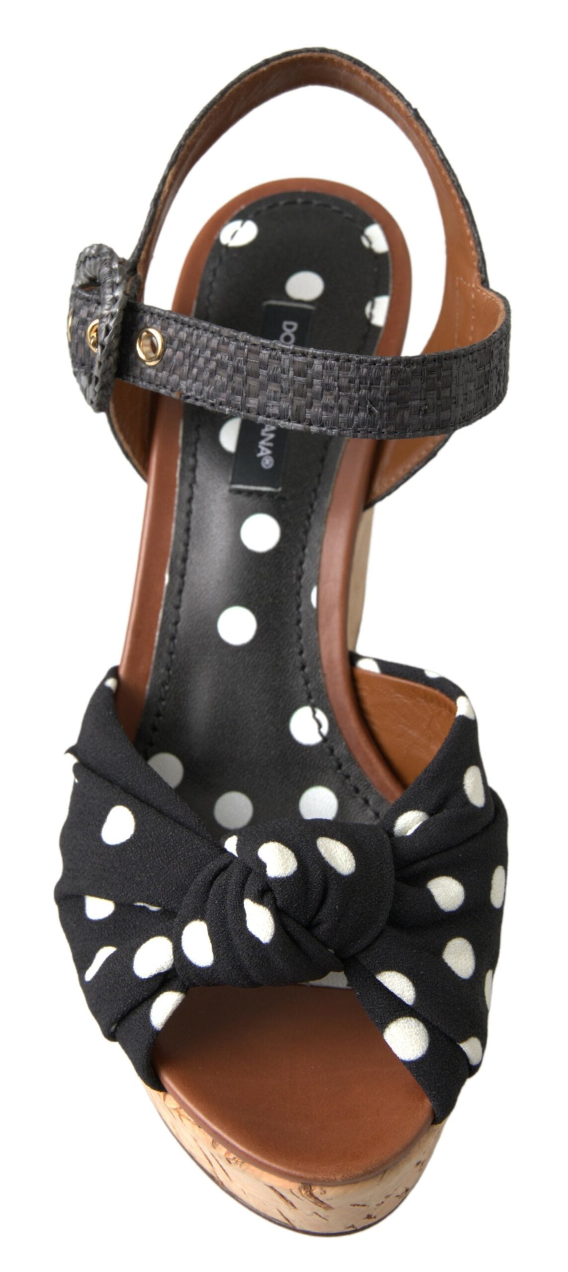 New Dolce & Gabbana Black Wedges Polka Dotted Ankle Strap Shoes Sandals