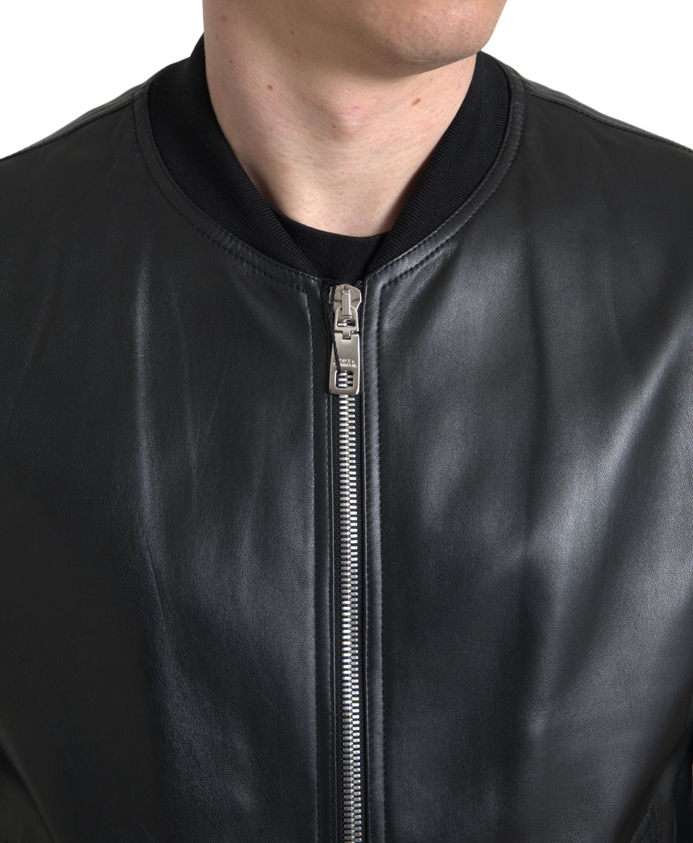 New Dolce & Gabbana Black Leather Full Zip Bomber Men Jacket
