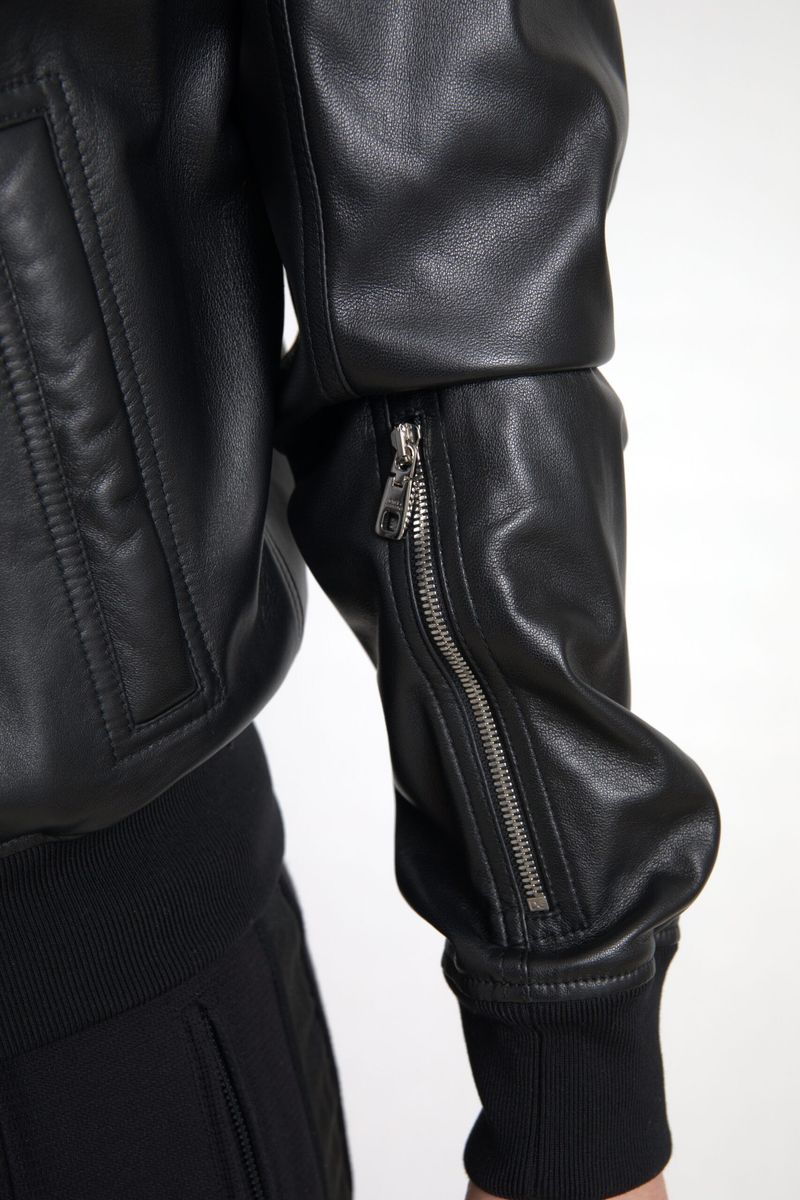 New Dolce & Gabbana Black Leather Full Zip Bomber Men Jacket