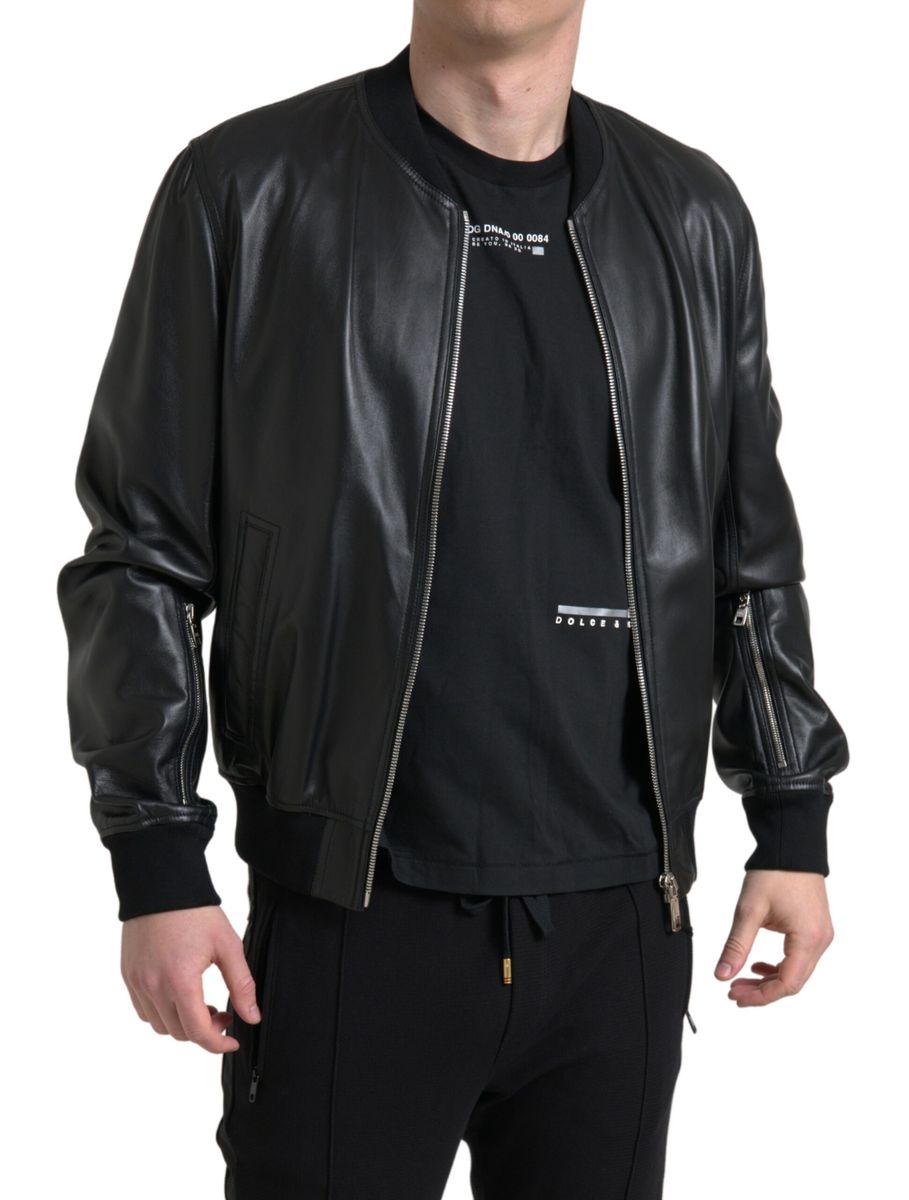 New Dolce & Gabbana Black Leather Full Zip Bomber Men Jacket