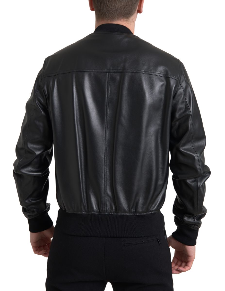 New Dolce & Gabbana Black Leather Full Zip Bomber Men Jacket