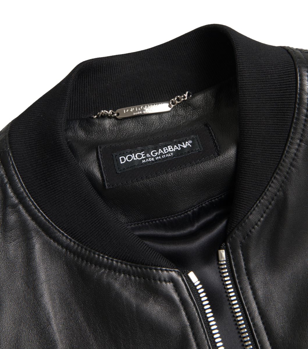 New Dolce & Gabbana Black Leather Full Zip Bomber Men Jacket
