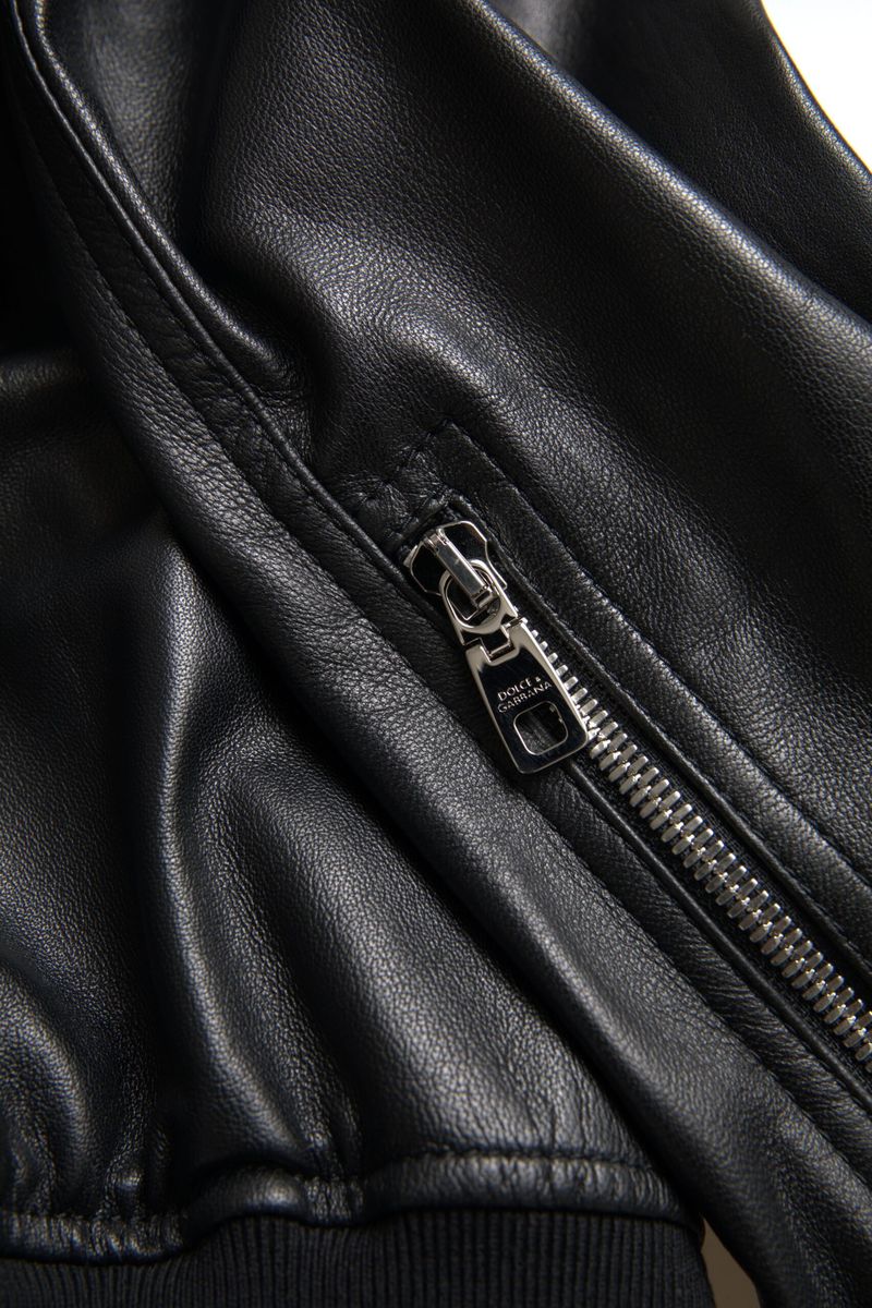 New Dolce & Gabbana Black Leather Full Zip Bomber Men Jacket