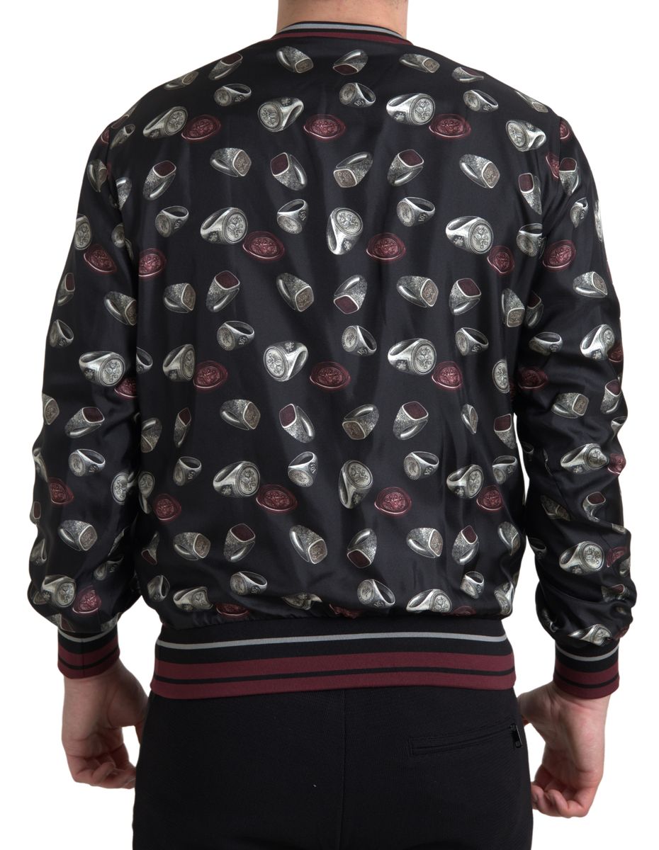 New Dolce & Gabbana Black Ring Print Silk Crewneck Sweater