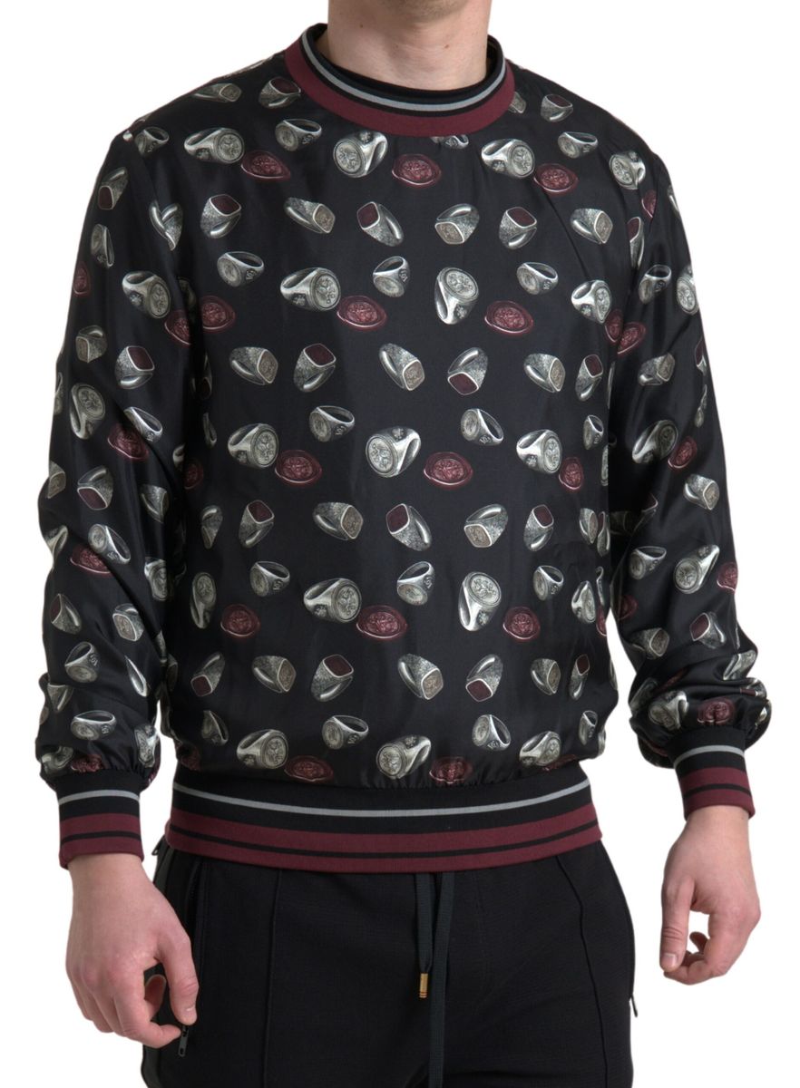 New Dolce & Gabbana Black Ring Print Silk Crewneck Sweater