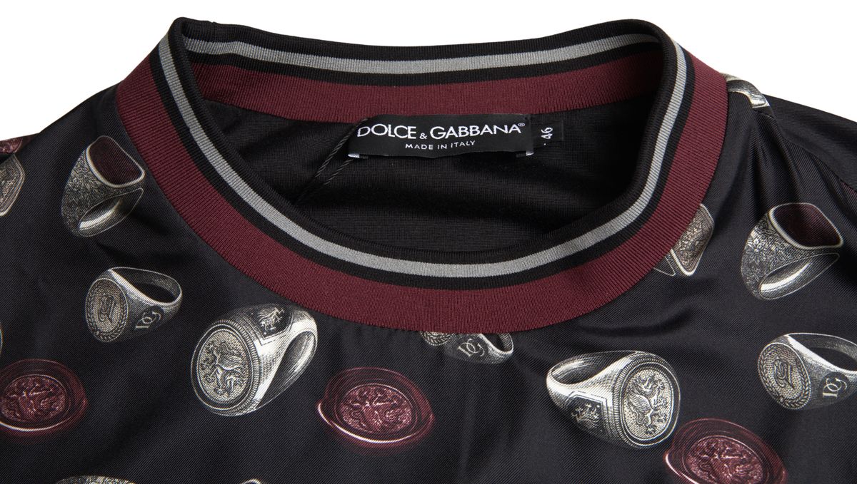 New Dolce & Gabbana Black Ring Print Silk Crewneck Sweater