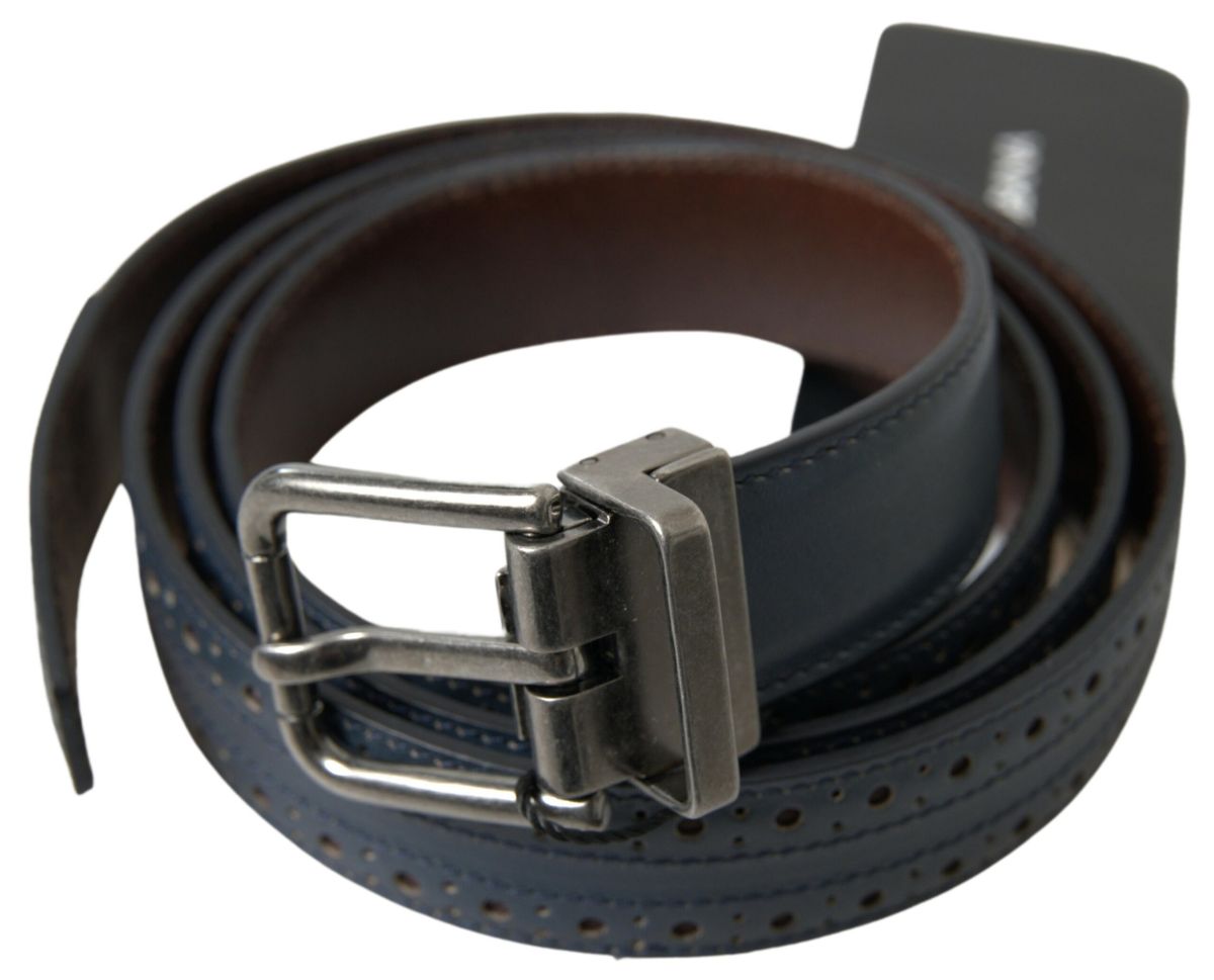 New Dolce & Gabbana Blue Leather Perforated Metal Buckle Belt