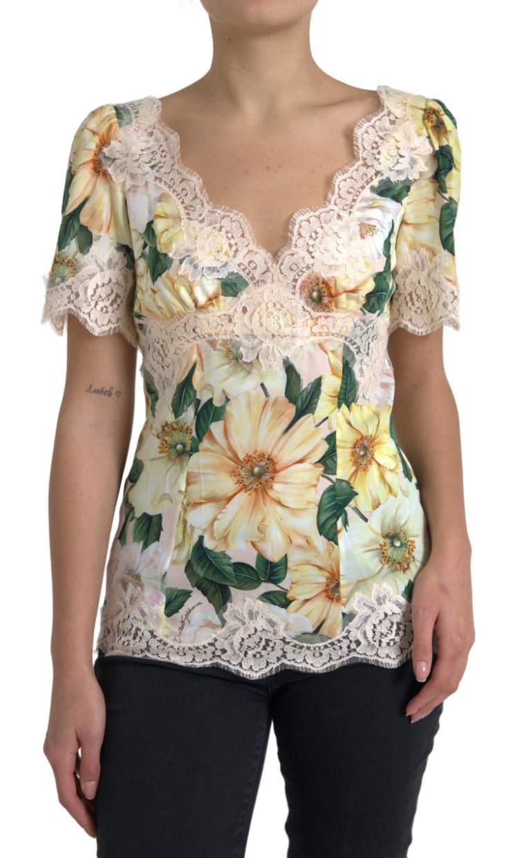 New Dolce & Gabbana Multicolor Floral Lace V Neck Blouse