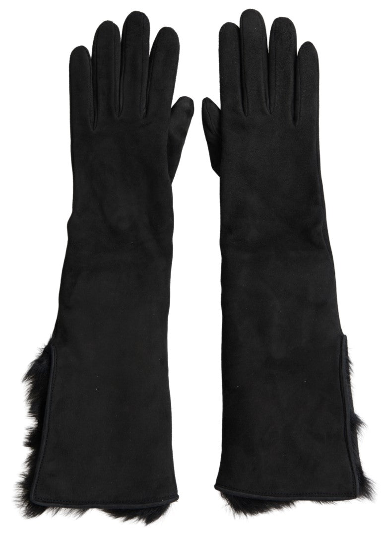 New Dolce & Gabbana Black Leather Fur Elbow Length Gloves