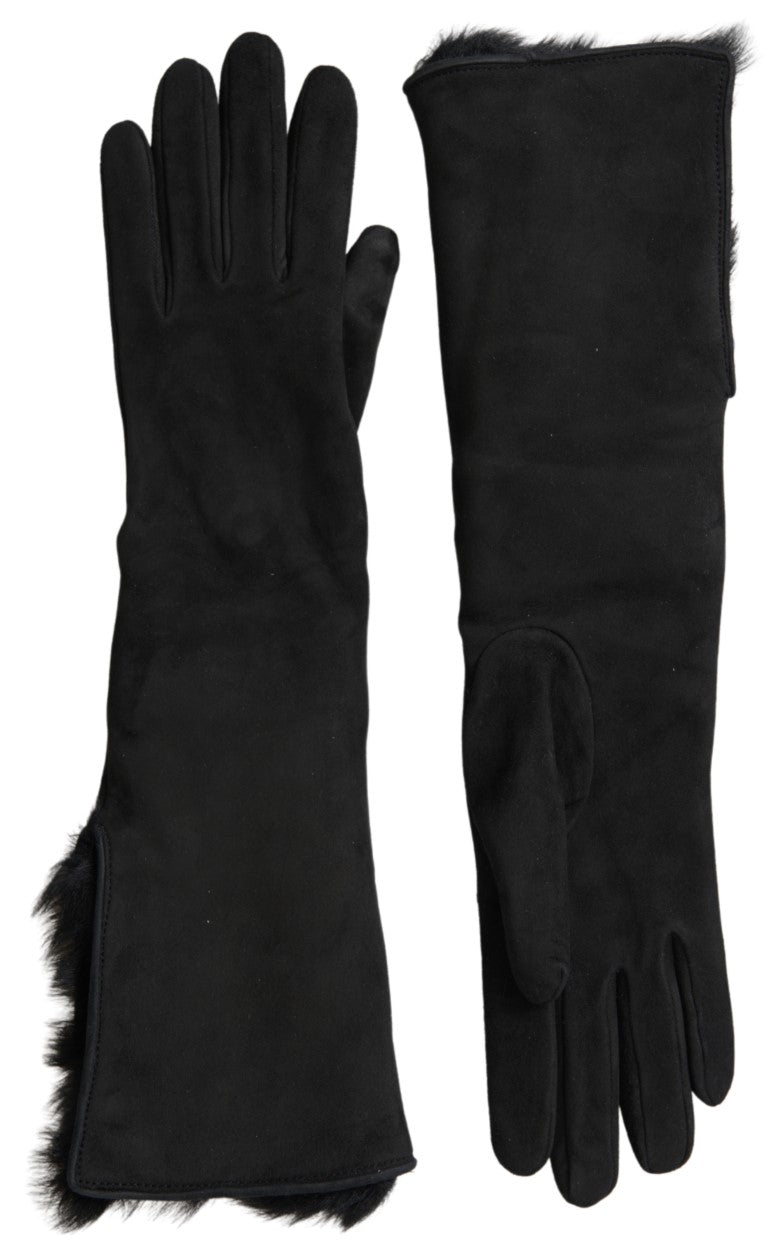New Dolce & Gabbana Black Leather Fur Elbow Length Gloves