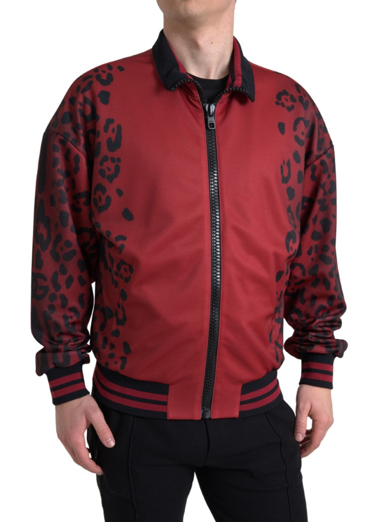 New Dolce & Gabbana Red Leopard Polyester Bomber Full Zip Jacket