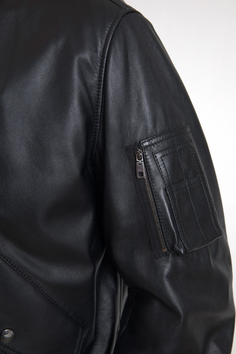 New Dolce & Gabbana Black Leather Blouson Full Zip Bomber Jacket