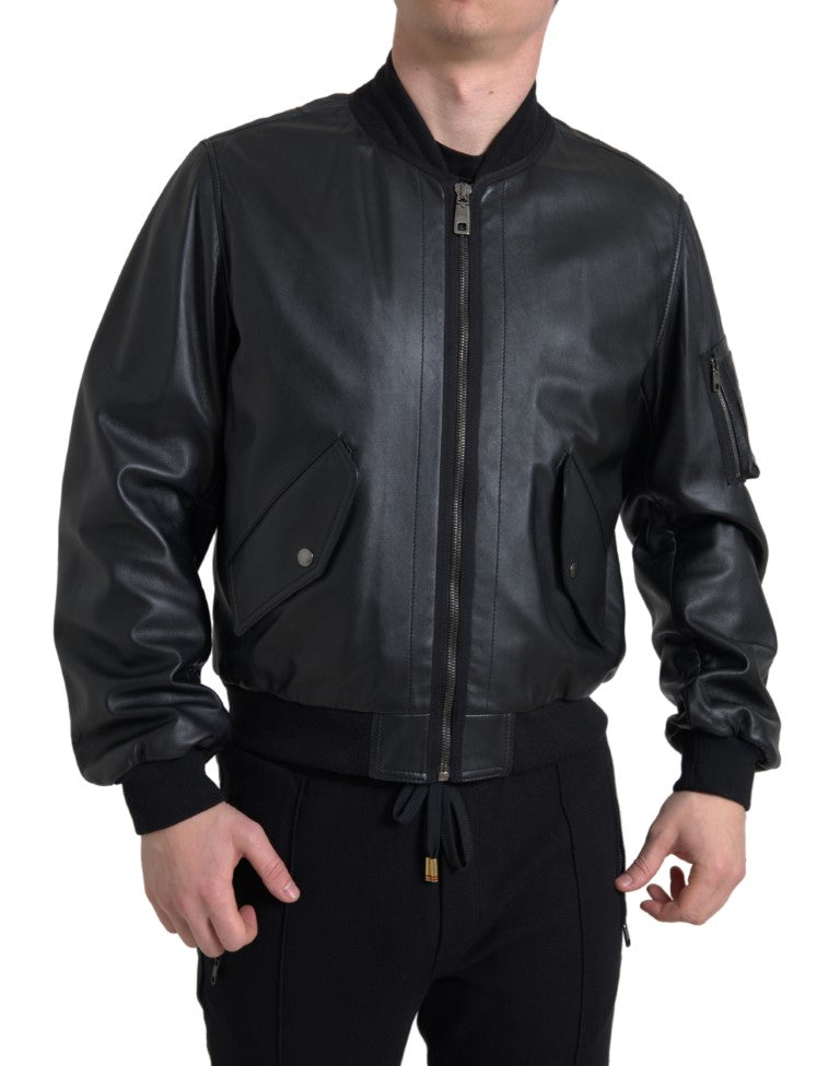 New Dolce & Gabbana Black Leather Blouson Full Zip Bomber Jacket