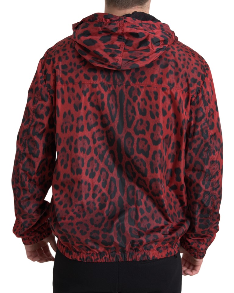 New Dolce & Gabbana Red Leopard Hooded Bomber Full Zip Jacket