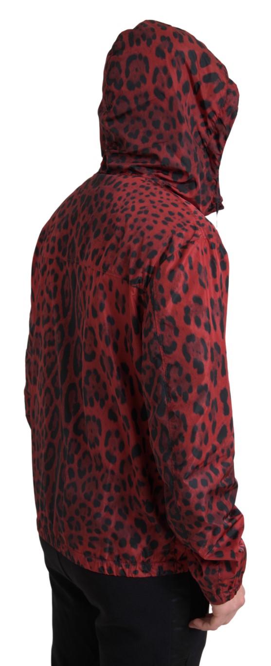 New Dolce & Gabbana Red Leopard Hooded Bomber Full Zip Jacket