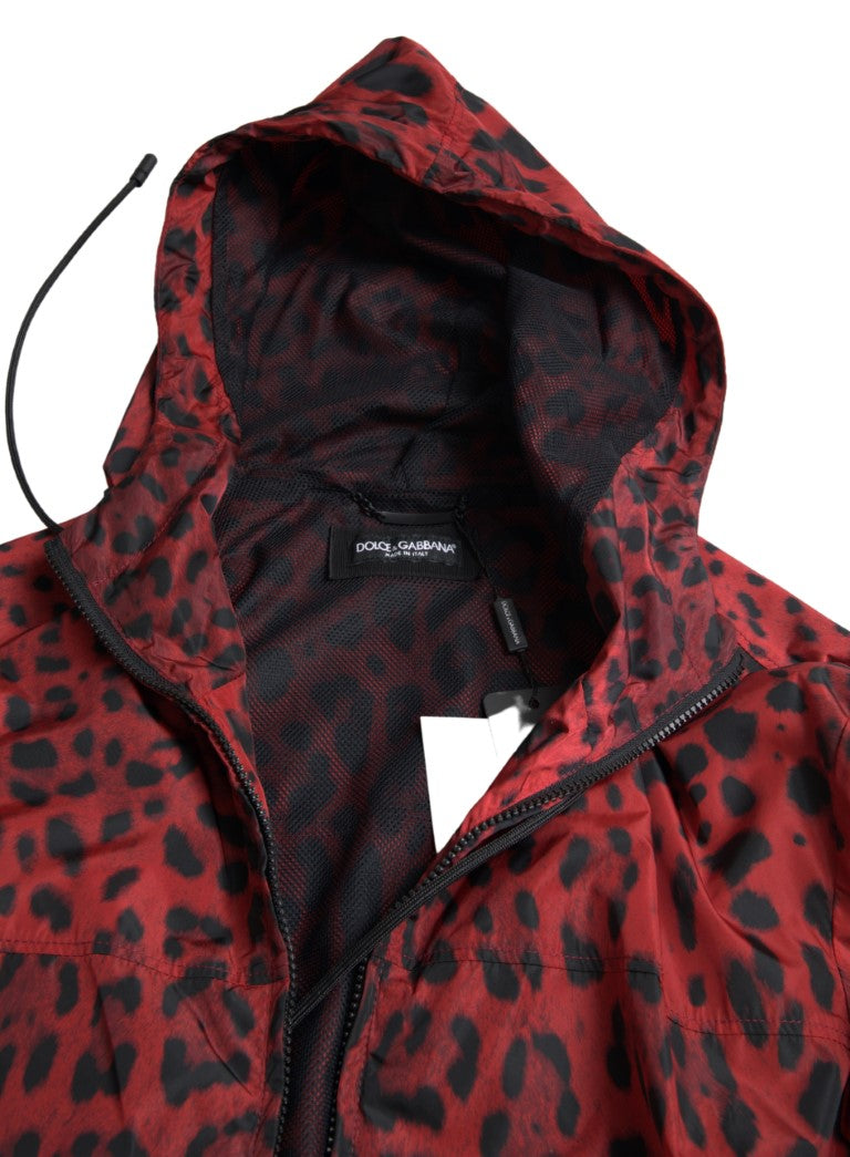 New Dolce & Gabbana Red Leopard Hooded Bomber Full Zip Jacket
