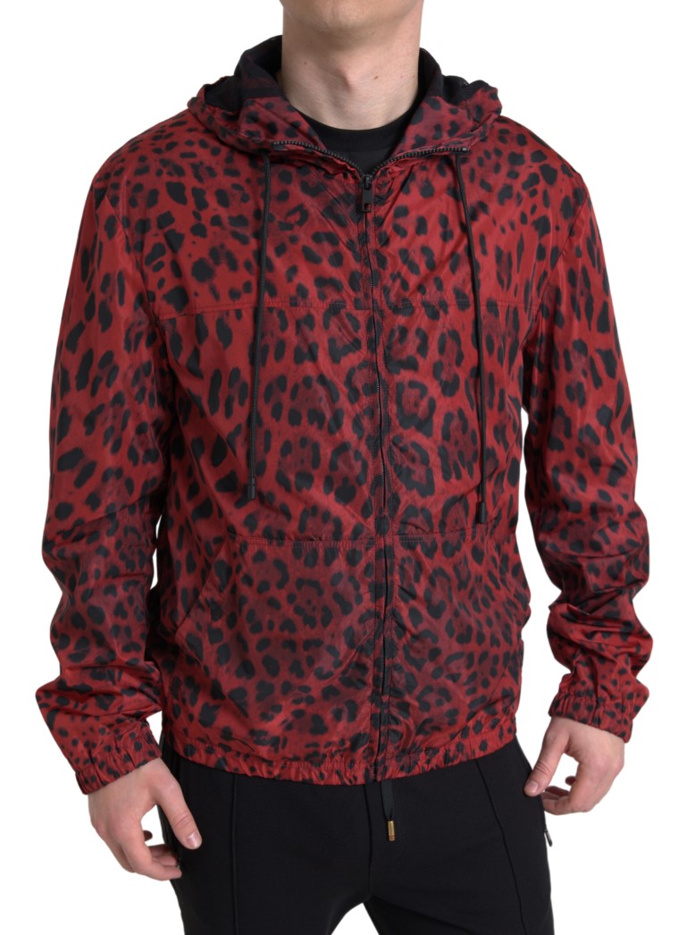 New Dolce & Gabbana Red Leopard Hooded Bomber Full Zip Jacket