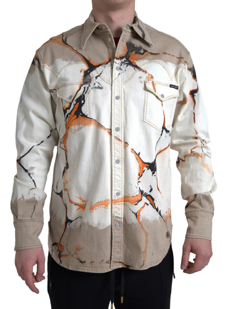 New Dolce & Gabbana Multicolor Cotton Collared Denim Shirt