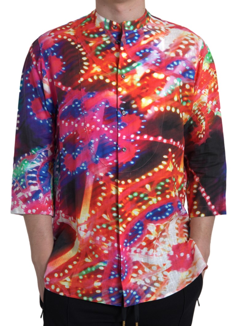New Dolce & Gabbana Multicolor Luminarie Print Linen Shirt