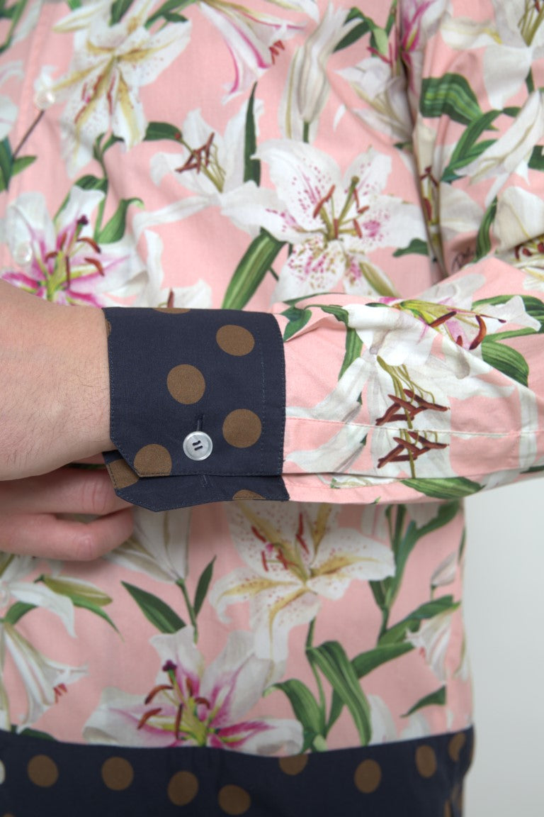 New Dolce & Gabbana Cotton Polka Dot Lily Print Collared Shirt
