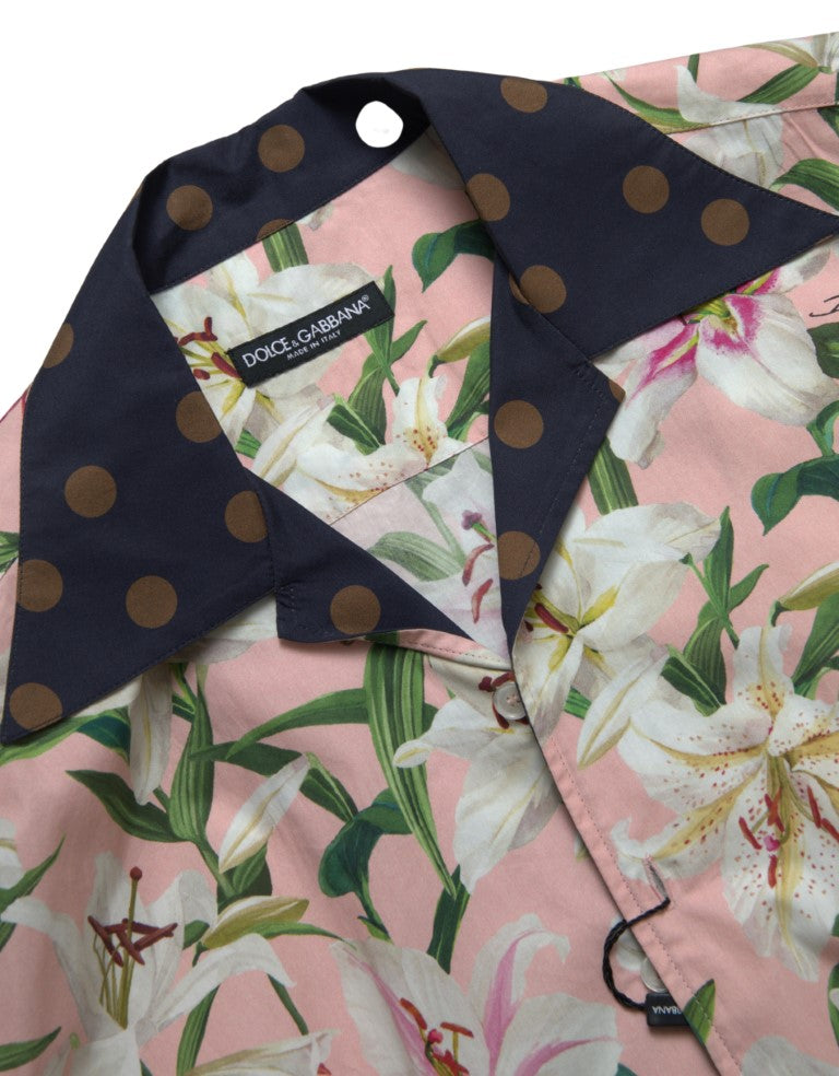 New Dolce & Gabbana Cotton Polka Dot Lily Print Collared Shirt