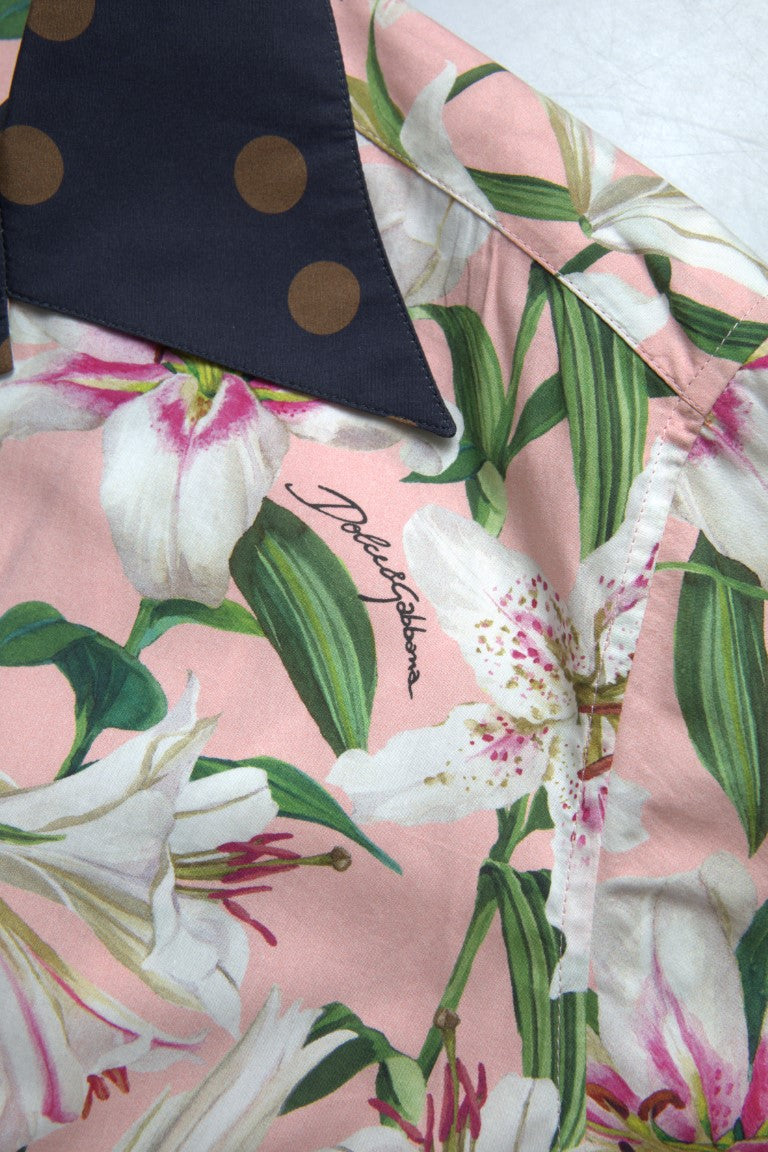 New Dolce & Gabbana Cotton Polka Dot Lily Print Collared Shirt