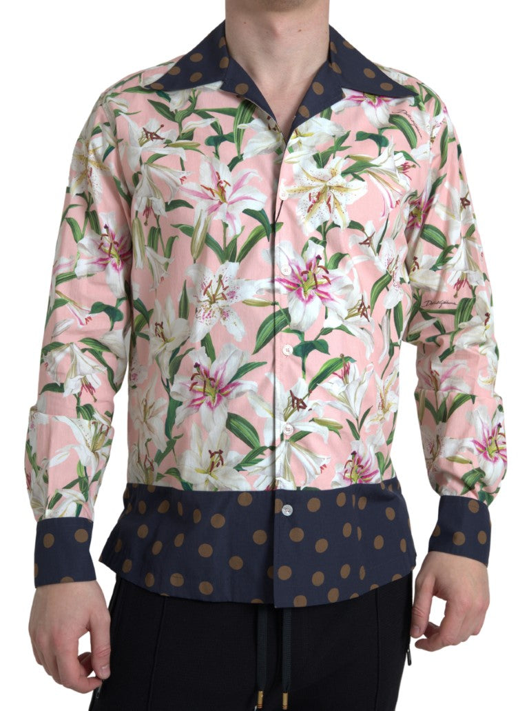 New Dolce & Gabbana Cotton Polka Dot Lily Print Collared Shirt