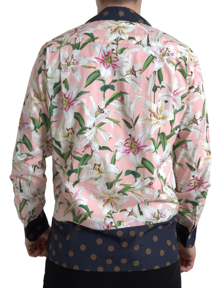 New Dolce & Gabbana Cotton Polka Dot Lily Print Collared Shirt
