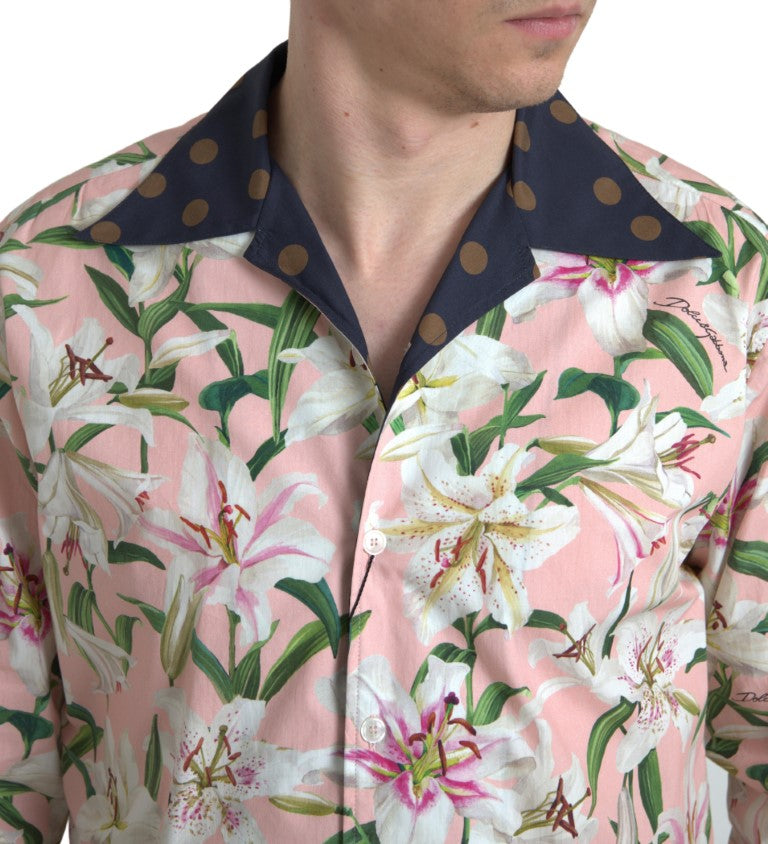 New Dolce & Gabbana Cotton Polka Dot Lily Print Collared Shirt