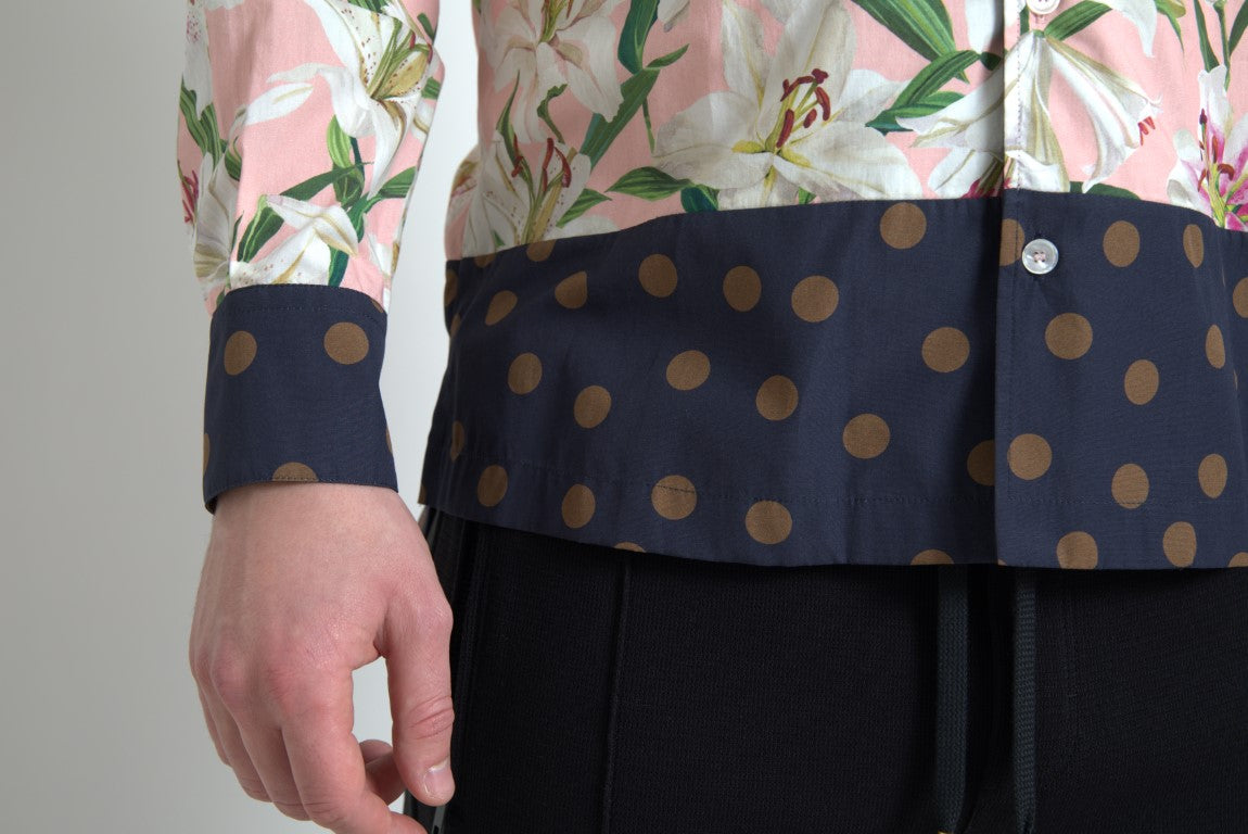 New Dolce & Gabbana Cotton Polka Dot Lily Print Collared Shirt
