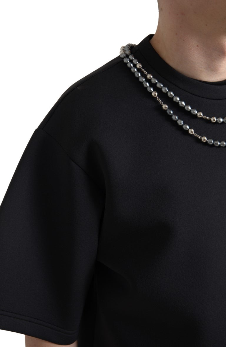 New Dolce & Gabbana Black Necklace Embellished Polyester T-shirt