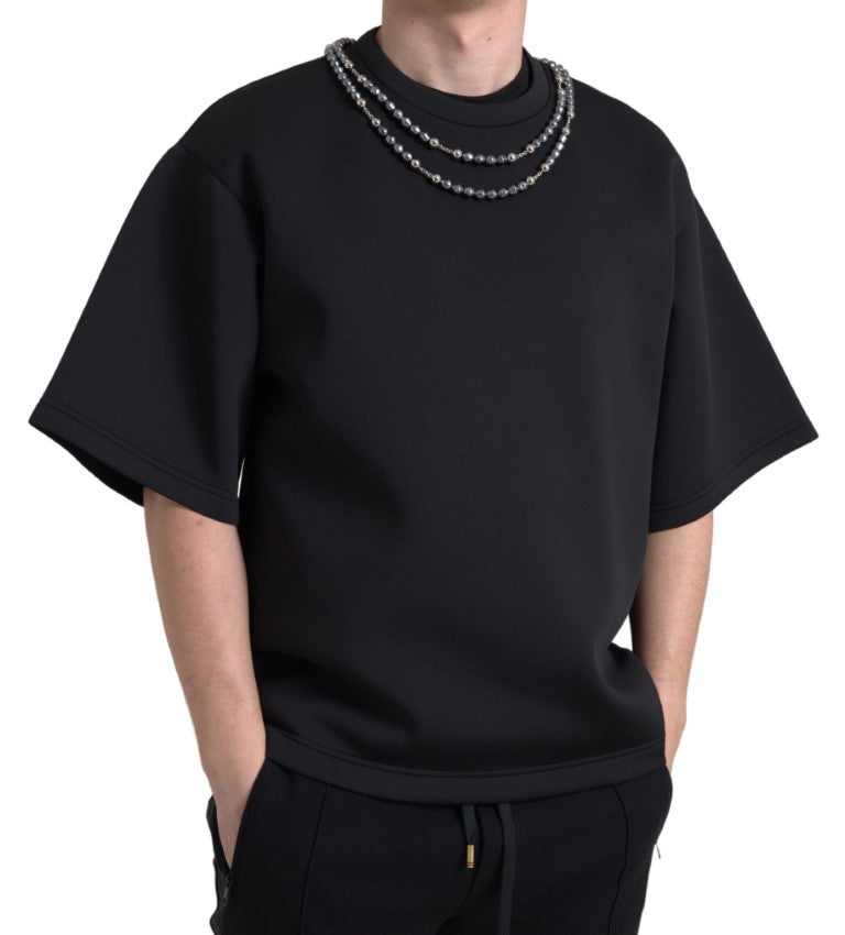 New Dolce & Gabbana Black Necklace Embellished Polyester T-shirt
