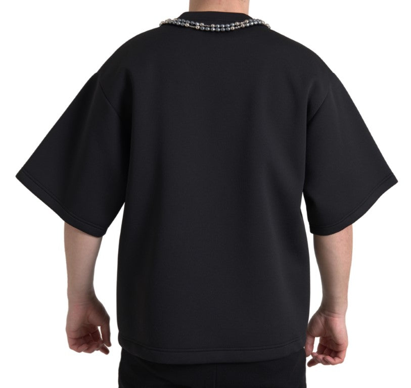 New Dolce & Gabbana Black Necklace Embellished T-shirt