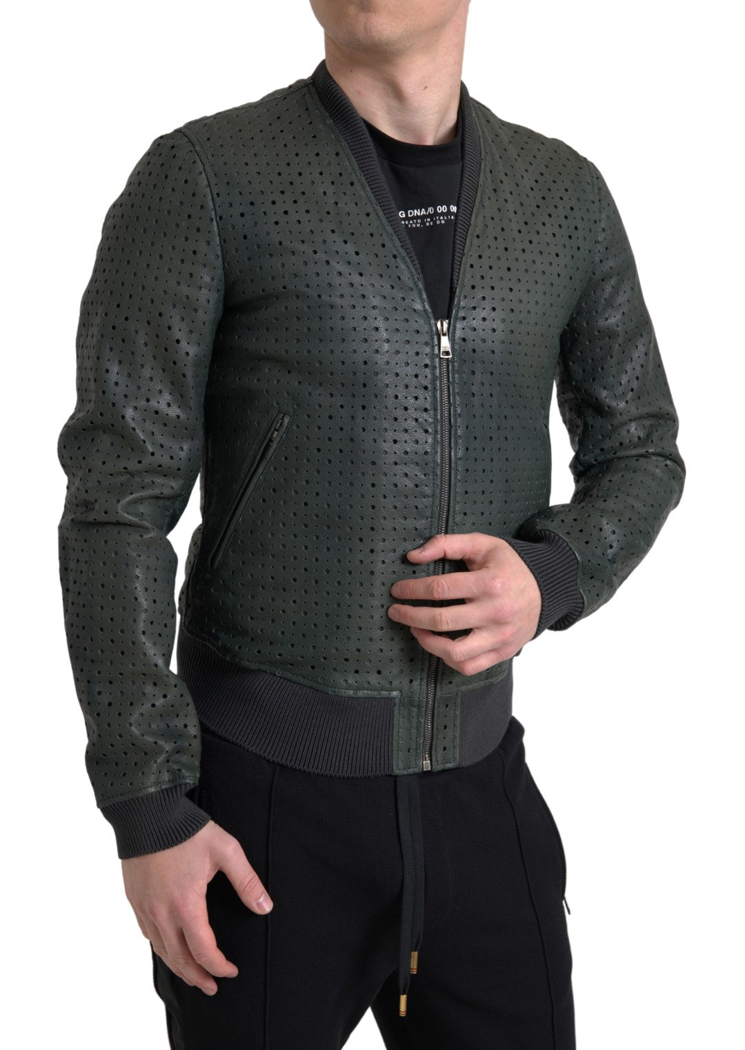 New Dolce & Gabbana Green Perforated Leather Bomber Jacket
