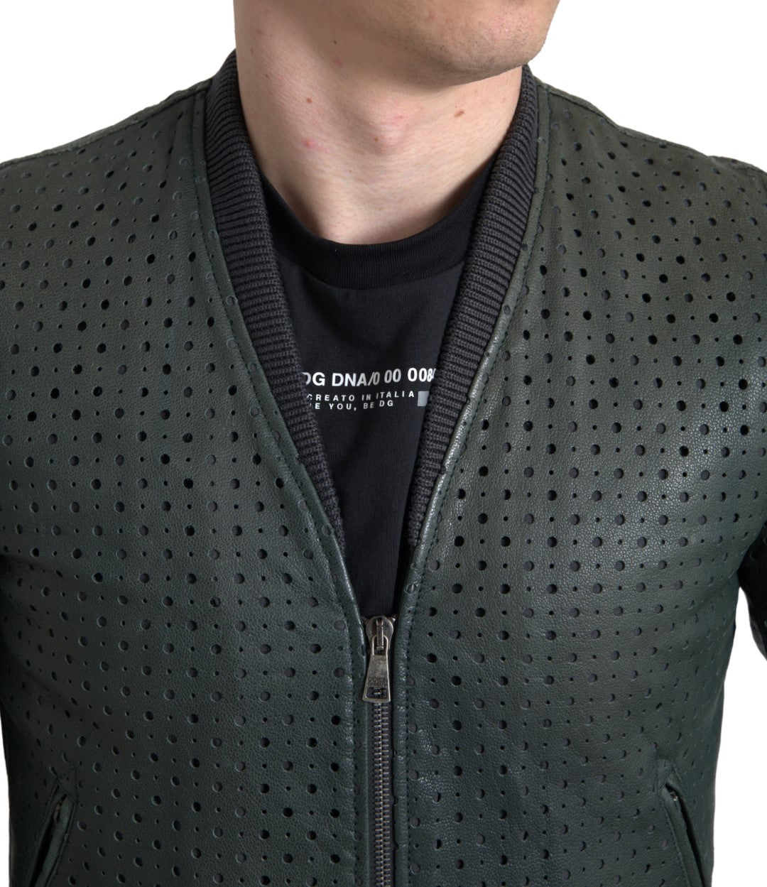 New Dolce & Gabbana Green Perforated Leather Bomber Jacket