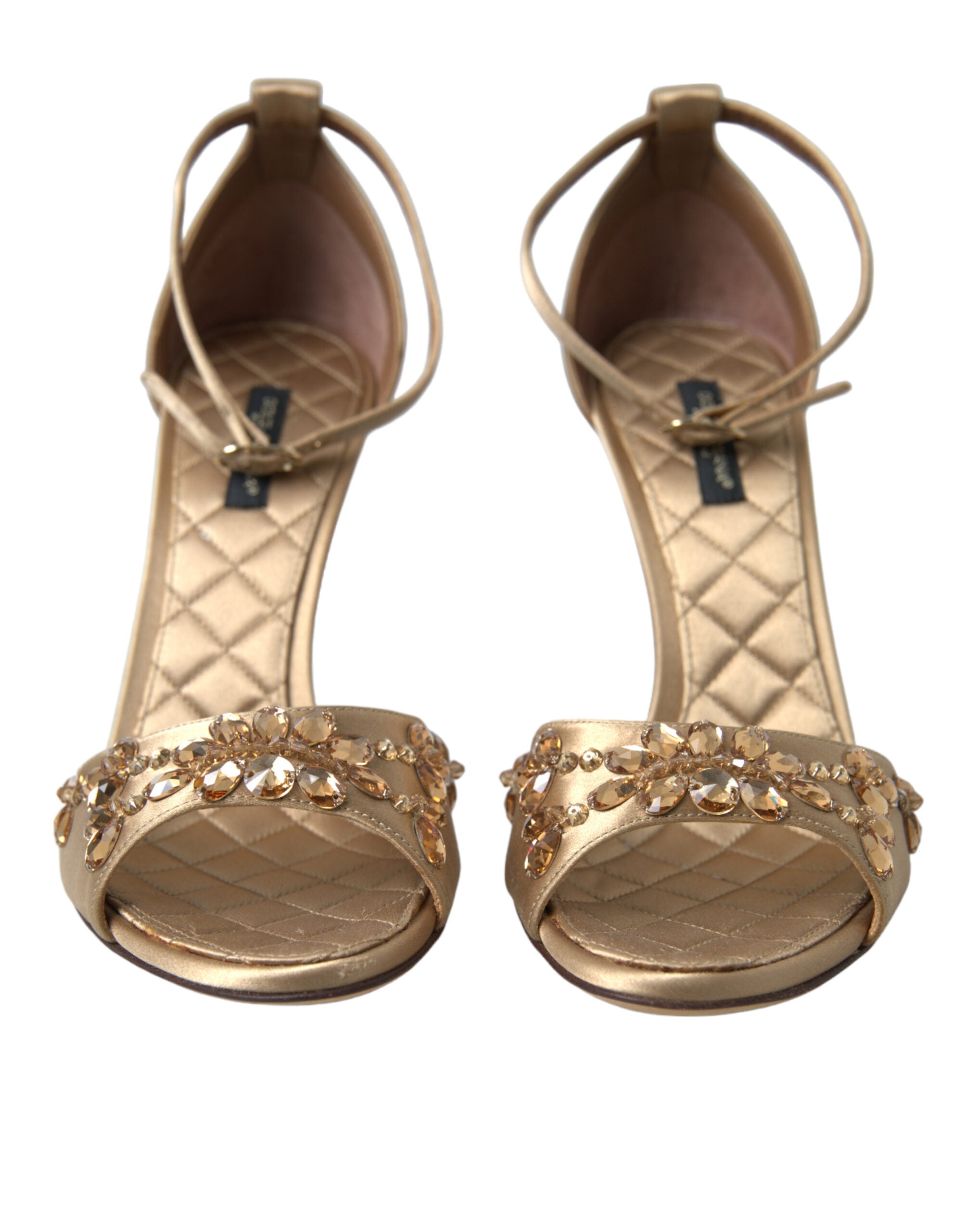 New Dolce & Gabbana Gold Satin Ankle Strap Crystal Sandals Shoes
