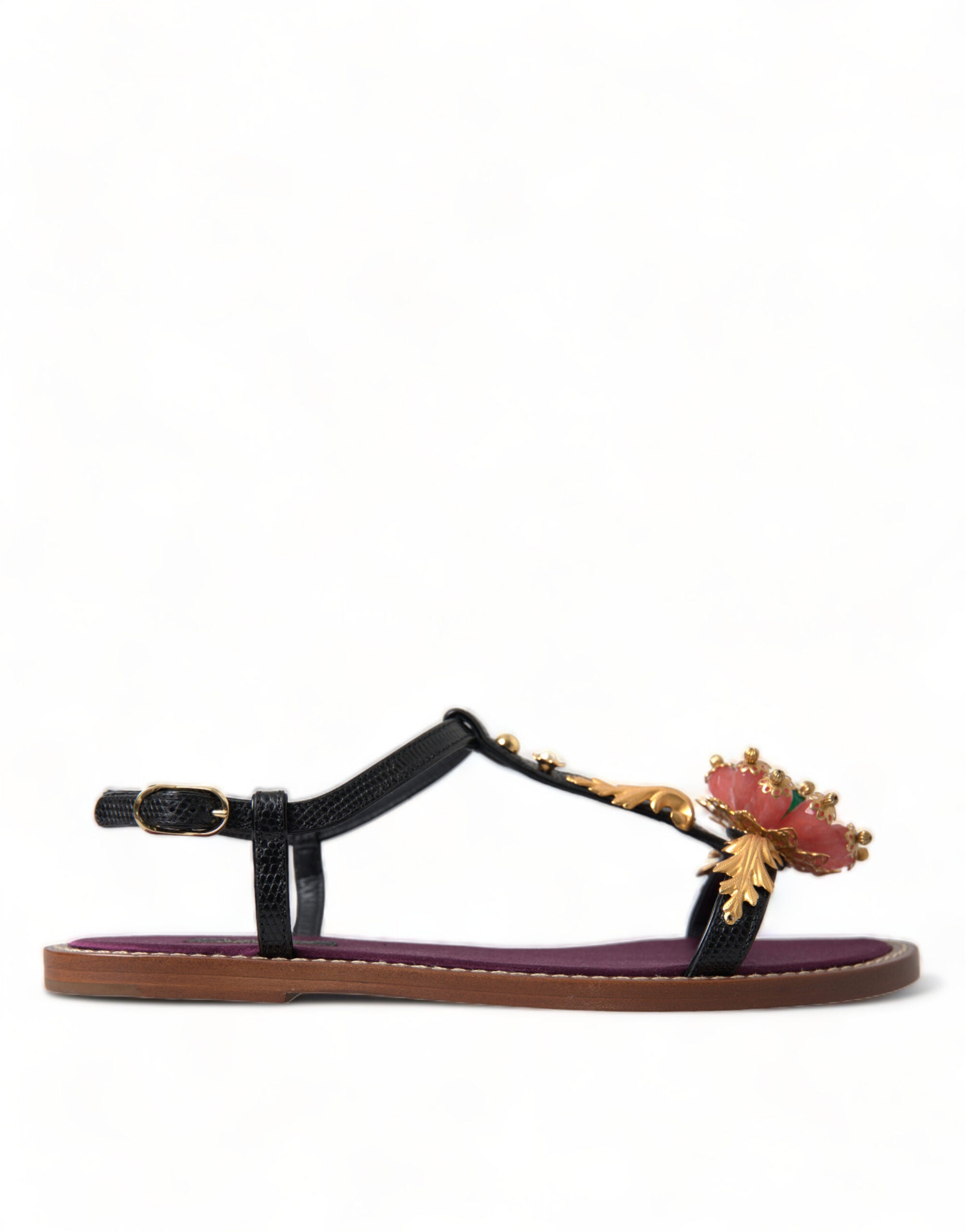 New Dolce & Gabbana Black Crystal Gold Sandals Leather Shoes