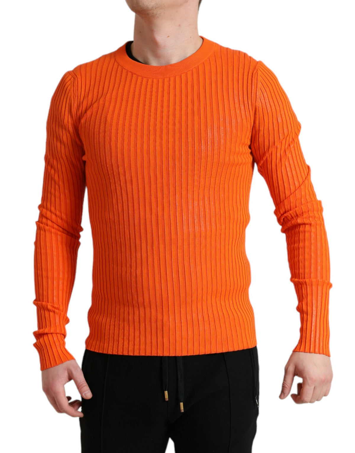 New Dolce & Gabbana Orange Knitted Crewneck Men Pullover Sweater
