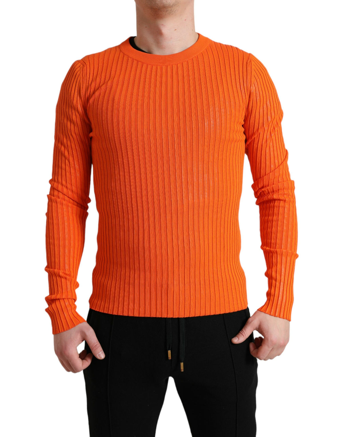 New Dolce & Gabbana Orange Knitted Crewneck Men Pullover Sweater