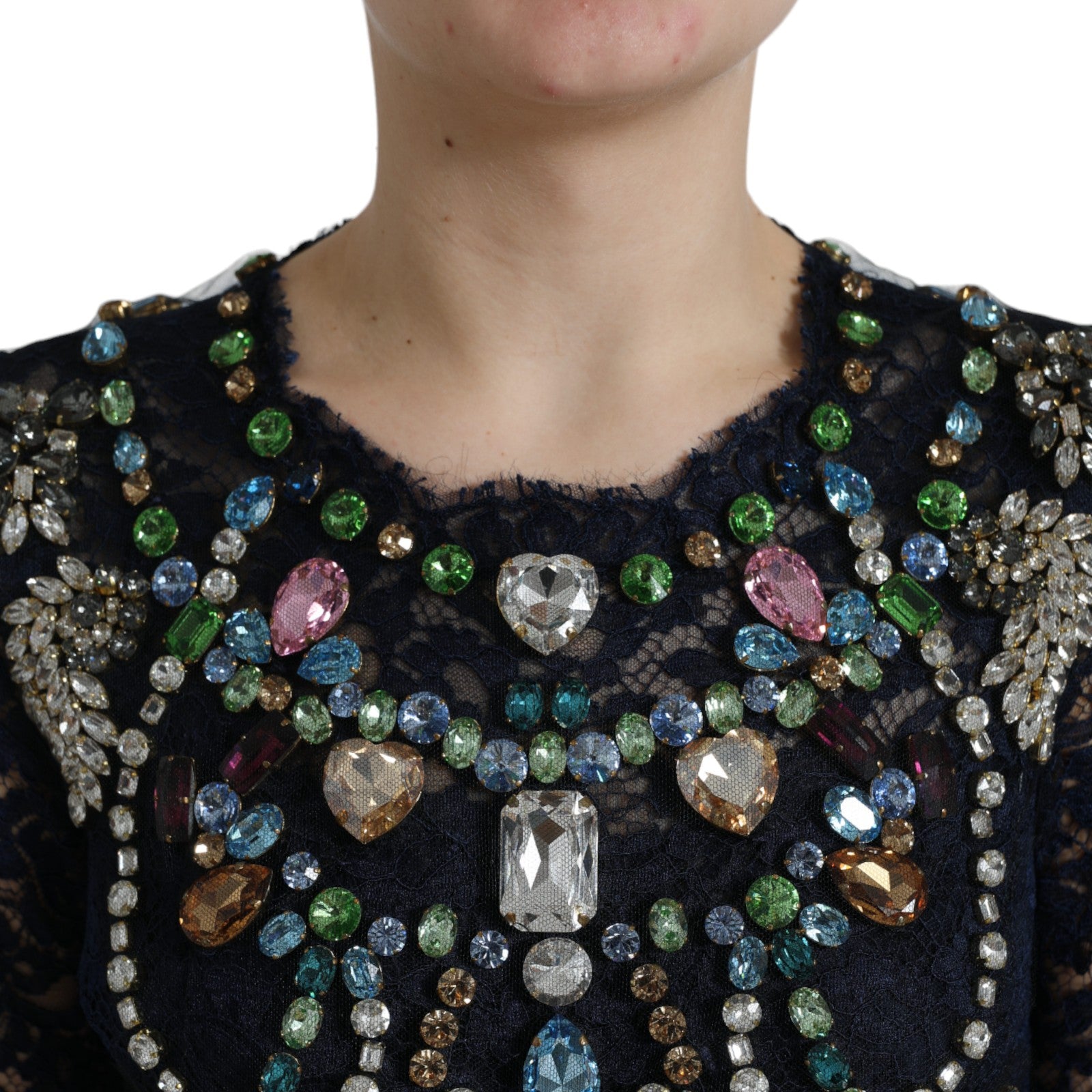 Dolce & Gabbana Blue Crystal Floral Lace Long Gown Dress - PreLoved & Luxe