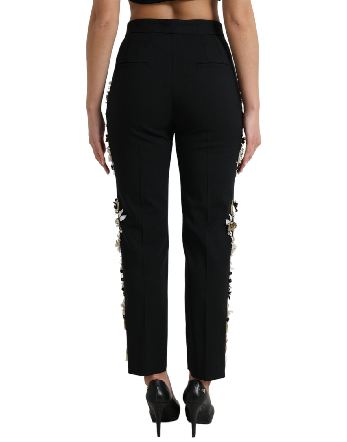 New Dolce & Gabbana Black Floral Applique High Waist Tapered Pants