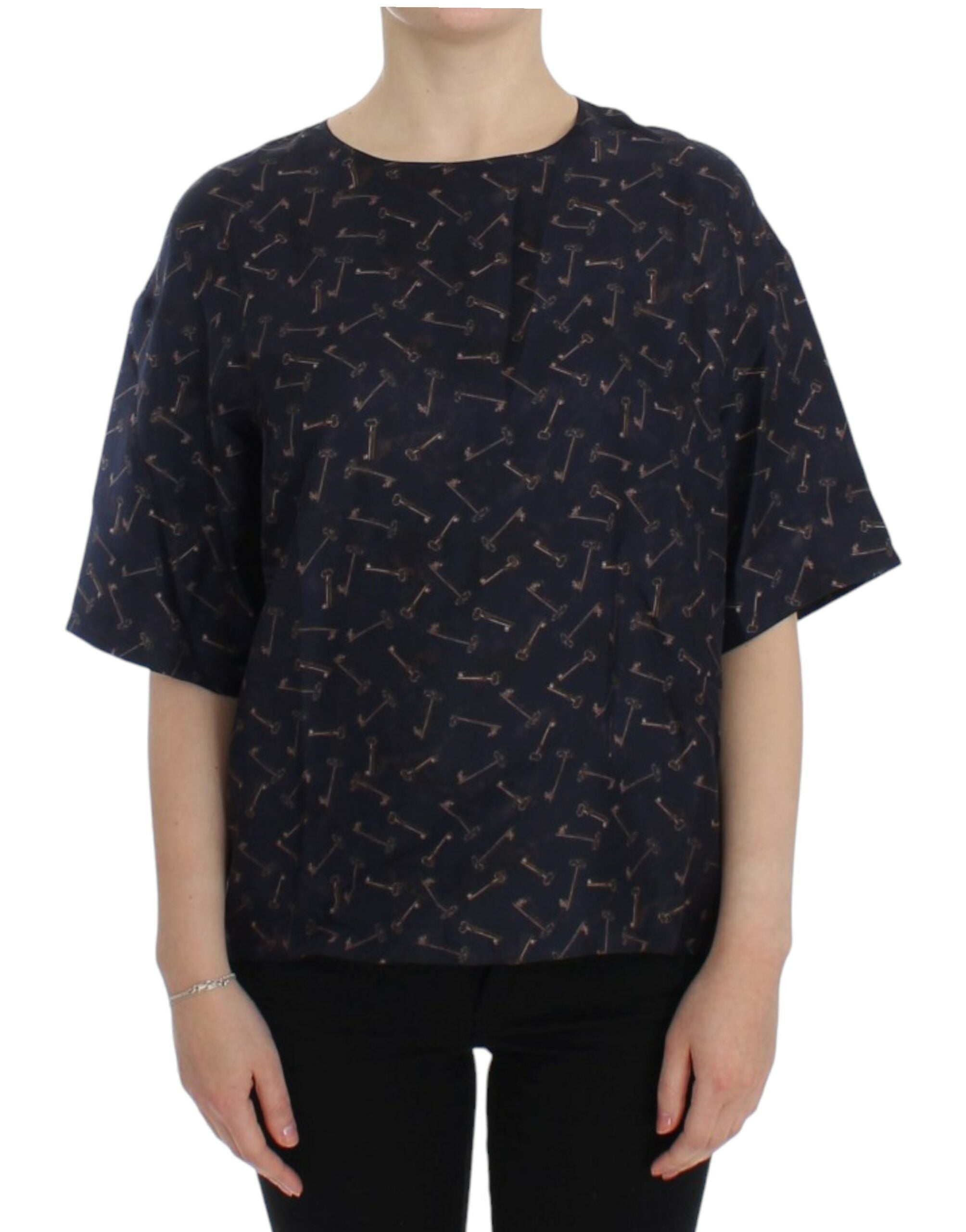 Dolce & Gabbana Blue gold key print silk blouse - PreLoved & Luxe