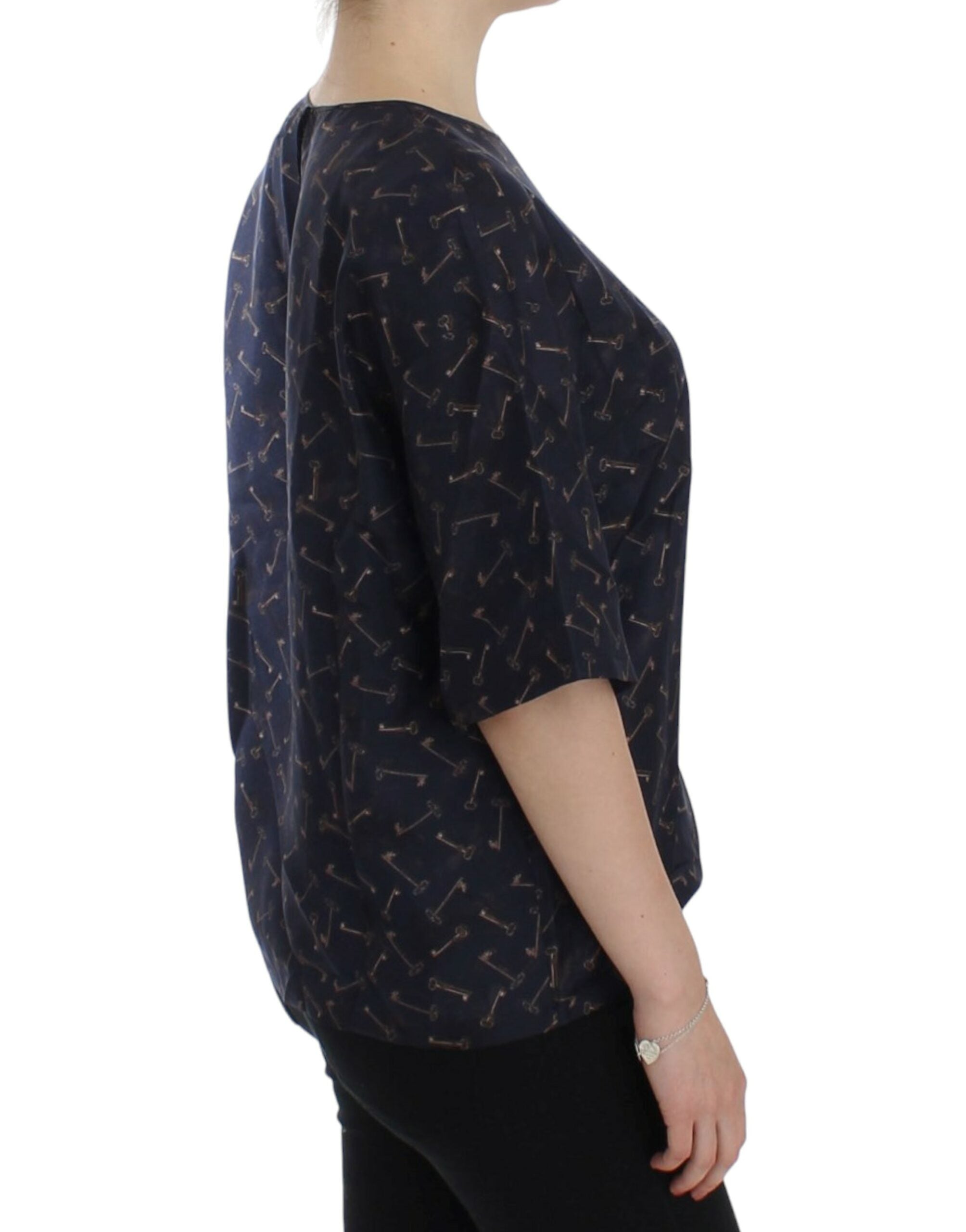 Dolce & Gabbana Blue gold key print silk blouse - PreLoved & Luxe