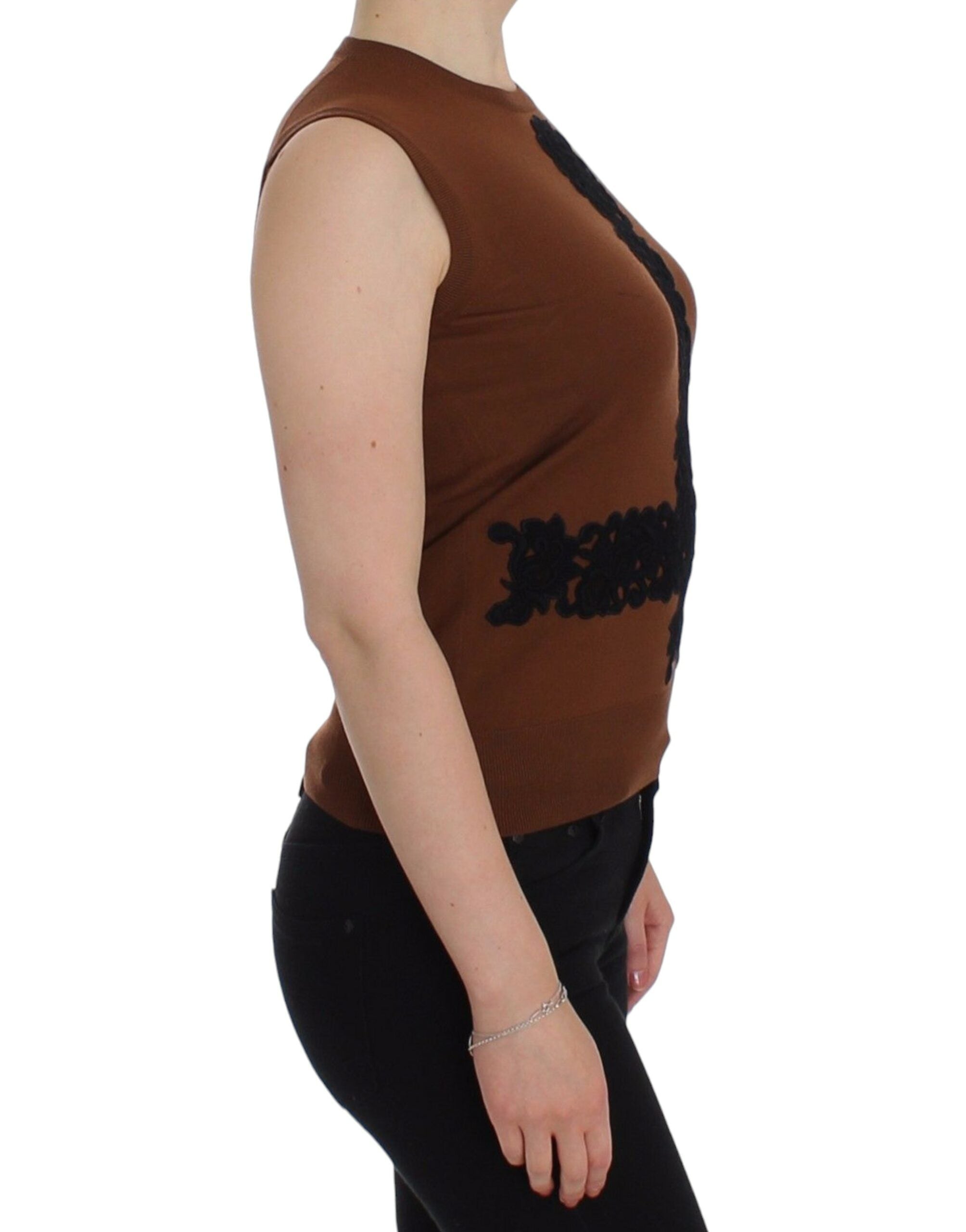Dolce & Gabbana Brown Wool Black Lace Vest Sweater Top - PreLoved & Luxe
