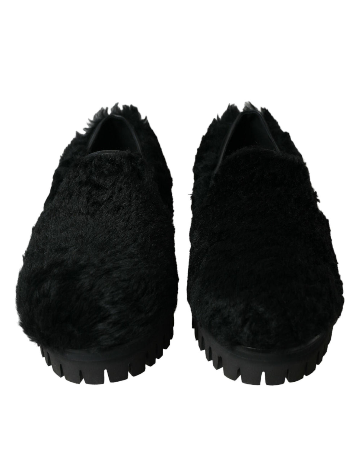 New Dolce & Gabbana Black Fur Leather Slippers Dress Shoes